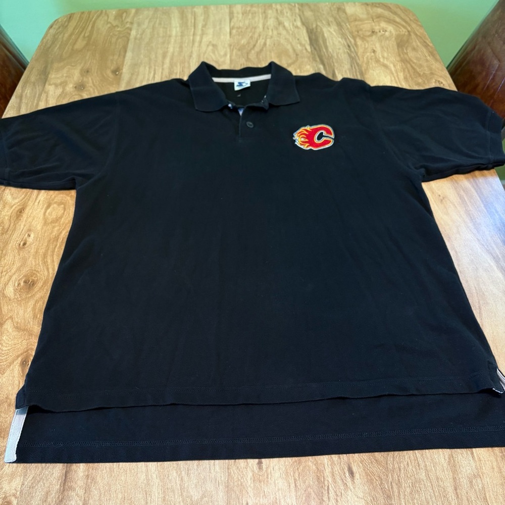 Vintage Starter Calgary Flames Black Polo Short Sleeve Shirt Mens Size Large